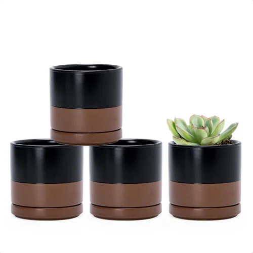 Miniatura 12 de D'vine Dev Juego de 4 macetas pequeñas de cerámica, maceta para suculentas de 3.5 pulgadas para plantas con orificio de drenaje y platillo