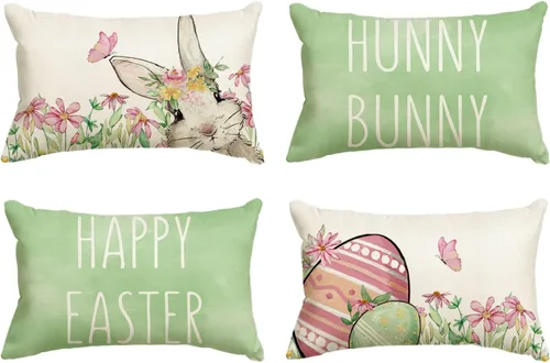 Miniatura 12 de AVOIN colorlife Juego de 4 fundas de almohada verdes de conejo de Pascua feliz de Pascua, 16 x 16 pulgadas, diseño de conejito de Pascua para sofá