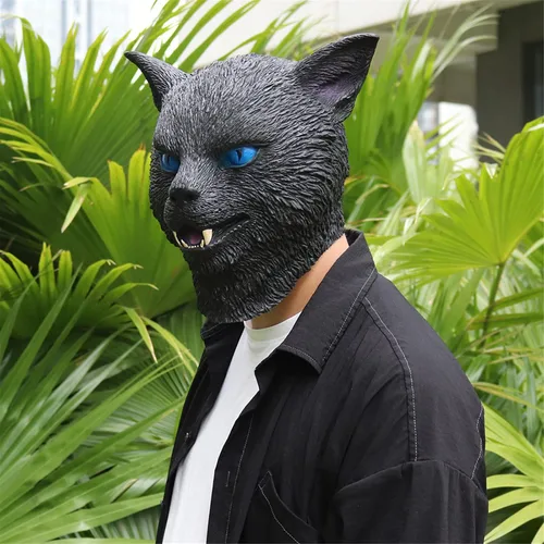Miniatura 2 de NA - Máscara realista de látex de cabeza completa para gato, máscara de animal de terror, máscara de gato negro para Halloween, Navidad, accesorios