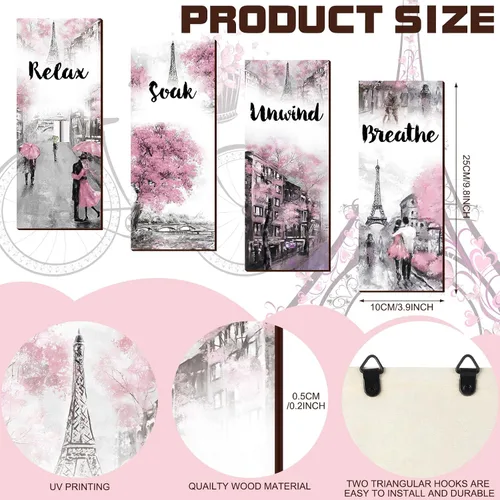 Miniatura 2 de Gerrii 3 Piezas de Decoración de Baño Rosa y Gris Decoración de París Relajarse Remojarse Desconectar Respirar Arte de Pared de Granja Baño Boda