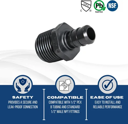 Miniatura 4 de 10 piezas XFITTING 1/2 pulgada Pex x 1/2 pulgada macho NPT adaptador, aleación de polietileno Pex macho, macho de plástico - Crimp, negro, 10