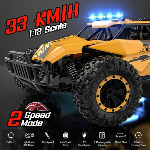 Miniatura 2 de BLUEJAY Auto a control remoto para niños, autos a control remoto, 1:12 Monster RC Truck Off Road con faros LED y batería recargable, regalos