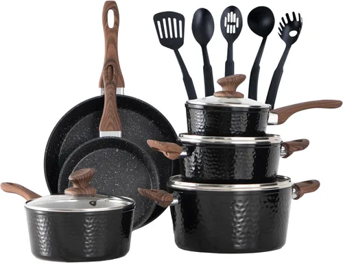 MAISON ARTS Juego de ollas y sartenes antiadherentes, 15 piezas no tóxicas martilladas de cocina, ollas y sartenes de granito negro para inducción,