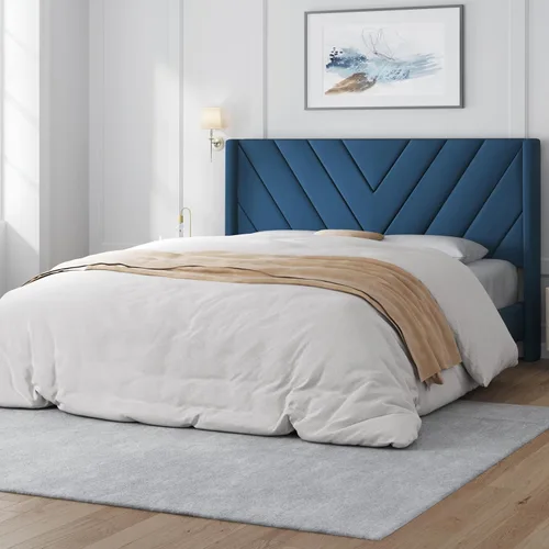 Miniatura 14 de Yaheetech Base de cama tamaño Queen con plataforma tapizada con cabecera con lados en forma de ala/soporte de listones de madera/cabecera tapizada