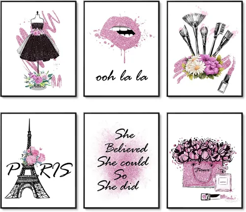 Miniatura 11 de HoozGee Juego de 6 pósteres enmarcados de maquillaje de moda, decoración de pared con marco de París, impresiones artísticas de pared