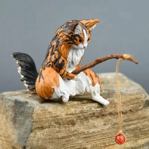 Miniatura 2 de Decoración de acuario de gato de pesca en miniatura, mini estatua de animales, decoración de animales de acuario, juego de figuras en miniatura