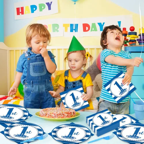 Miniatura 7 de 96 piezas de suministros para fiesta de primer cumpleaños de bebé, platos de papel para primer cumpleaños de niño, servilletas, decoración de fiesta