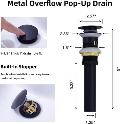 Miniatura 6 de TRUSTMI Grifo de baño negro mate latón 2 manijas 8 pulgadas grifo de tocador de lavabo con desagüe de fregadero de desbordamiento de metal Mate negro