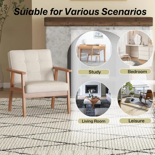 Miniatura 9 de Silla decorativa moderna con reposabrazos, silla de ocio tapizada de tela de lino con botón de respaldo y marco de madera para sala de estar, Beige