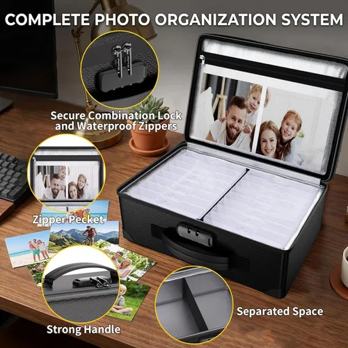 Miniatura 4 de ENGPOW Caja de almacenamiento de fotos ignífuga de 5200 °F con 16 fundas interiores de 4 x 6 pulgadas (transparente), organizador de fotos