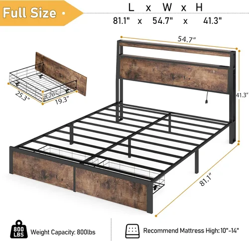 Miniatura 2 de SADENICEL Base de cama de tamaño matrimonial con almacenamiento, plataforma de cama de madera LED con cabecero, 2 cajones, estación de carga,