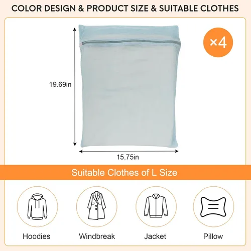 Miniatura 4 de Bolsas de lavandería de malla de algodón orgánico grandes y duraderas de 4 piezas con cremalleras resistentes y malla transpirable son delicadas Azul