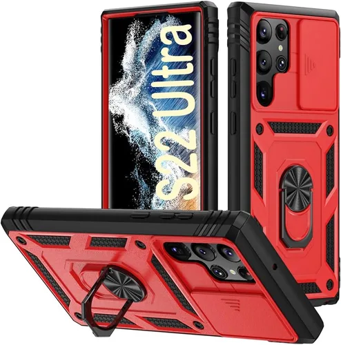 Miniatura 96 de PASNEW Funda para Samsung Galaxy S22 Ultra 5G, cubierta de cámara deslizante y soporte de dedo de metal giratorio de 360°, militar, resistente, a