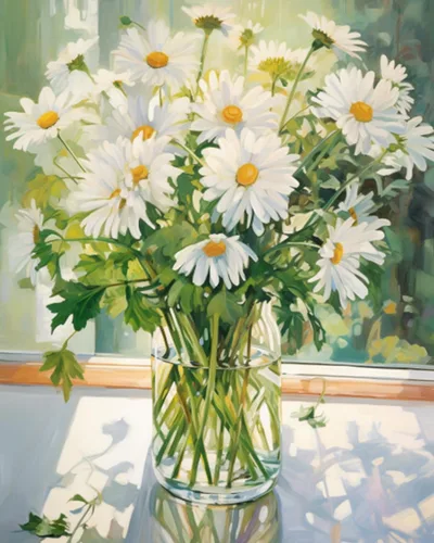 Tucocoo White Daisy Pintura DIY por Números para Adultos Flores Blancas con Hojas Verdes en Jarrón Kits de Pintura al Óleo DIY Lienzo con Pintura