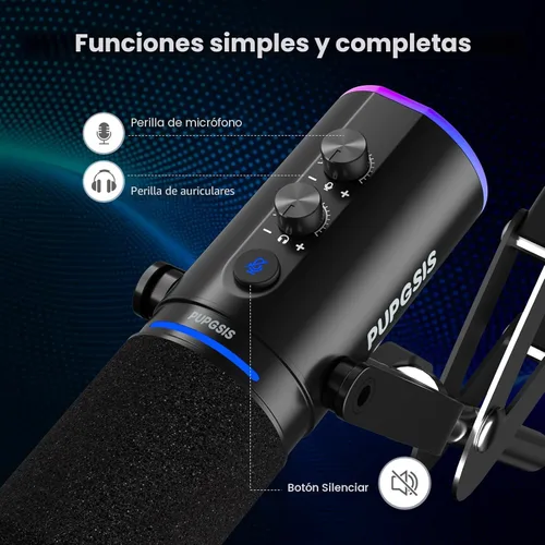 Miniatura 3 de PUPGSIS - Micrófono de podcast XLR/USB, micrófono para juegos con botón de silencio, efectos de reverberación, cancelación de ruido, soporte