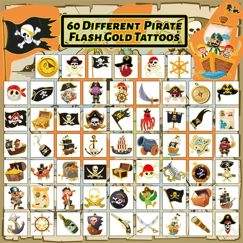 Miniatura 5 de winthrop 240 tatuajes temporales con purpurina pirata a granel, color oro destello envueltos individualmente, tatuajes de seguridad impermeables