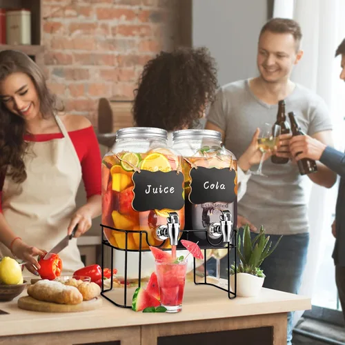 Miniatura 5 de Dispensadores de bebidas de vidrio de 1 galón para fiestas, dispensador de bebidas de limonada con soporte y grifo para barbacoa, picnic, fiesta