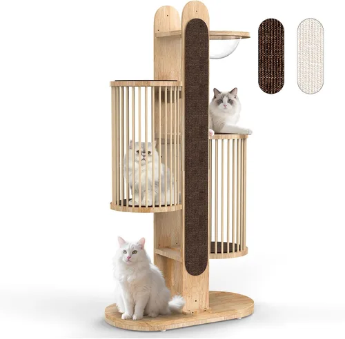 Miniatura 10 de Moderna torre de árbol para gatos de interior, torre para gatos de madera maciza de 67 pulgadas de alto con postes rascadores, casa de lujo natural