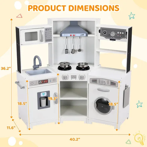 Miniatura 2 de MAMIZO Cocina de juego de esquina para niños, cocina de juguete de simulación de madera, juego de cocina grande con lavadora, campana extractora