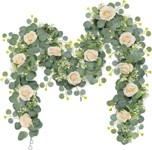 TOCHGREEN Guirnalda de flores artificiales de eucalipto con rosas champán, gypsophila de vid sintética, vegetación floral para decoración de mesa de