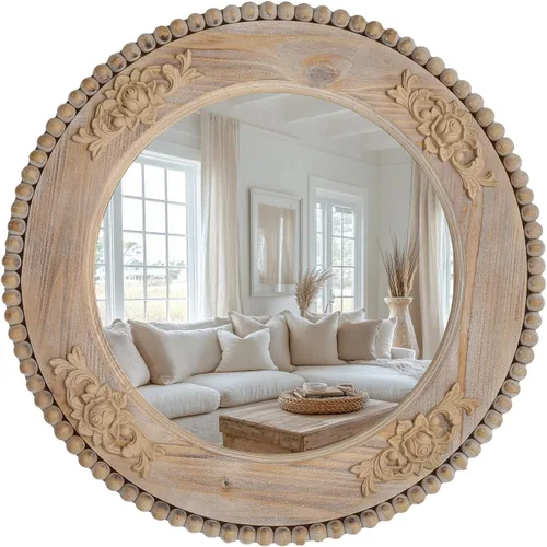 Miniatura 8 de Sawsile - Espejo redondo de madera, espejo circular rústico de 61 cm con marco de madera natural estilo granja y cuentas boho para pared, para baño