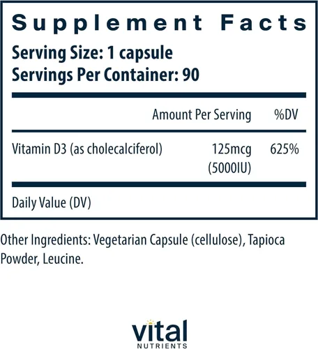 Miniatura 2 de Vital Nutrients Vitamina D3 5000 UI Suplemento de vitamina D para apoyar la absorción de calcio y la salud ósea Sin gluten, lácteos y soja