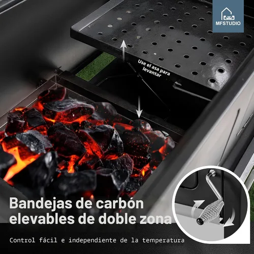Miniatura 3 de MFSTUDIO Parrilla de carbón para barbacoa multifuncional extra grande de 49 pulgadas con control de temperatura, mesa auxiliar y bandeja de cenizas