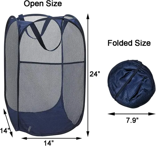 Miniatura 2 de Paquete de 2 cestas de malla desplegable para la ropa sucia (negro/azul marino) con asas duraderas portátiles, plegables para almacenamiento, cestas