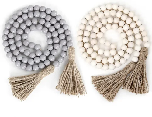 Guirnalda de cuentas de madera de 58 pulgadas, color gris natural, cuentas de oración, decoración para colgar en la pared