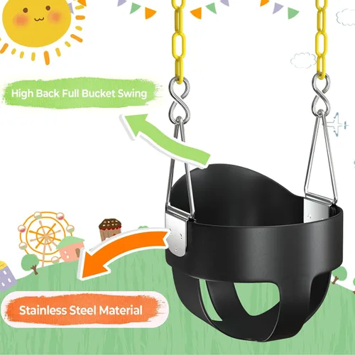 Miniatura 5 de AGPTEK Asiento de columpio para niños pequeños con respaldo alto y cadenas de columpio con revestimiento amarillo y mosquetones, columpio para bebé