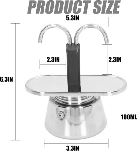 Miniatura 5 de Moka Pot, 2 tazas de 3.4 fl oz de capacidad, duradera y segura para alimentos, cafetera espresso con doble tubo y colador antideslizante grueso