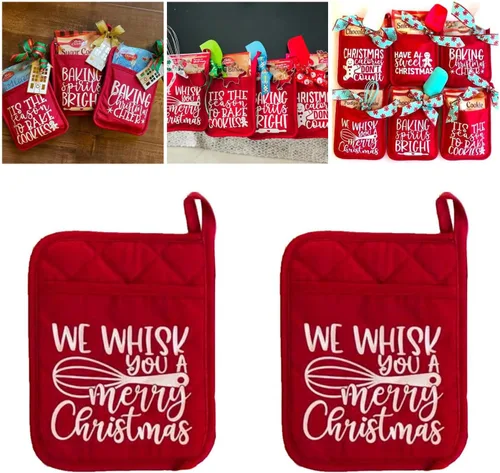 Miniatura 7 de Kit de hornear para ollas de Navidad, soportes para ollas con bolsillos, adornos para guantes de horno, paquete de galletas de cocina para vecinos