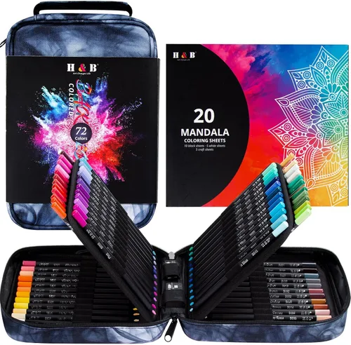 H & B Juego de 72 lápices de colores con hojas de colorear Mandala, goma de borrar, sacapuntas - núcleos suaves a base de aceite, kit de suministros