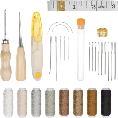 HARFINGTON Kit de costura de reparación de tapicería, 29 piezas, kit básico de costura de cuero, kit de herramientas de artesanía de cuero, agujas