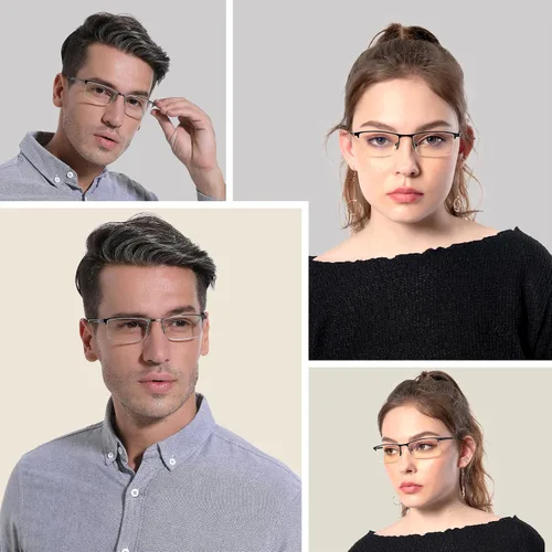 Miniatura 2 de HIGHLIKE Gafas de lectura con luz azul para hombre, lentes de lectura de medio marco de metal, bisagra de resorte, lentes transparentes con bolsas