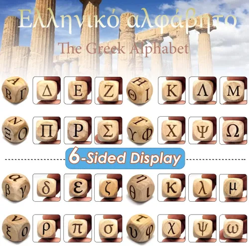 Miniatura 4 de Juego de dados de madera del alfabeto griego, 24 letras griegas talladas, cubos rodantes para juegos de fiesta de enseñanza