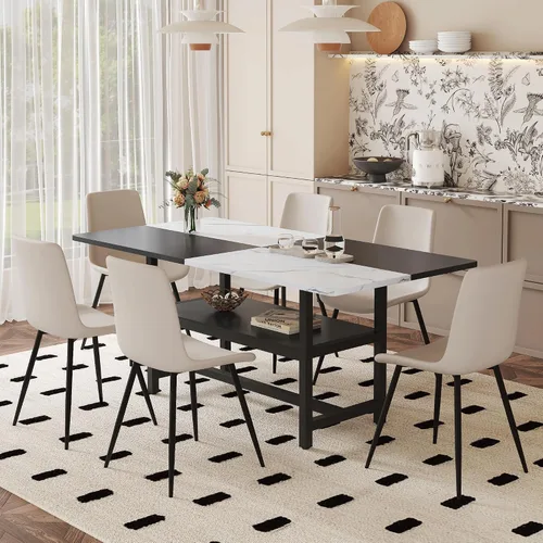 Miniatura 30 de Juego de mesa de comedor de 71 pulgadas para 6 personas con estante de almacenamiento, juego de mesa de comedor rectangular industrial moderna