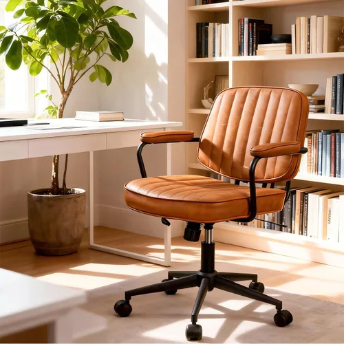 Miniatura 7 de Silla de oficina moderna de mediados de siglo, silla de escritorio ergonómica de piel sintética con ruedas y brazos, silla giratoria ajustable