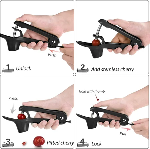 Miniatura 3 de Cherry Pitter - Makmzoon Cherries Corer Cherry Removedor de Cerezas, herramienta de acero inoxidable para hacer mermelada de cereza (negro)