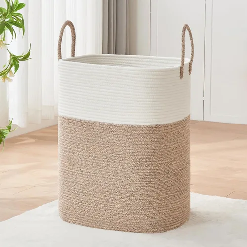 Miniatura 17 de AINUOQI Cesta de Ropa Sucia Grande Cesta de Lavandería con Asas de Cuero, Cesta de Almacenamiento Decorativa de Cuerda de Algodón Tejida para Yute