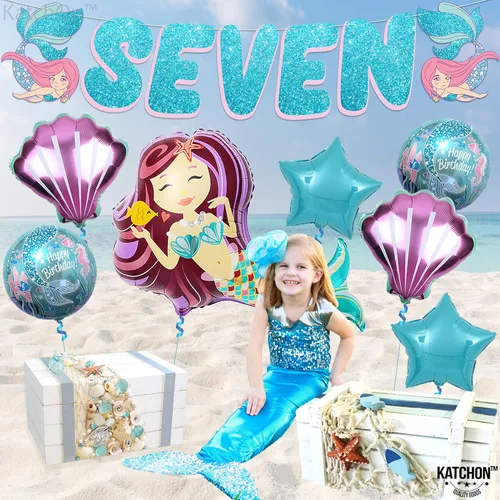 Miniatura 2 de KatchOn Decoraciones de 7º cumpleaños de sirena grande – Paquete de 8 Globos de sirena y decoraciones de fiesta para niñas 7