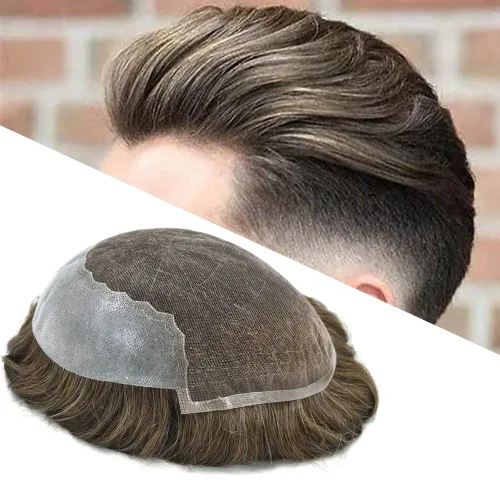 Miniatura 26 de Tupé para hombres 100% europeos unidades de cabello humano francés sistema de cabello de encaje con nudos blanqueados, línea capilar natural para #5