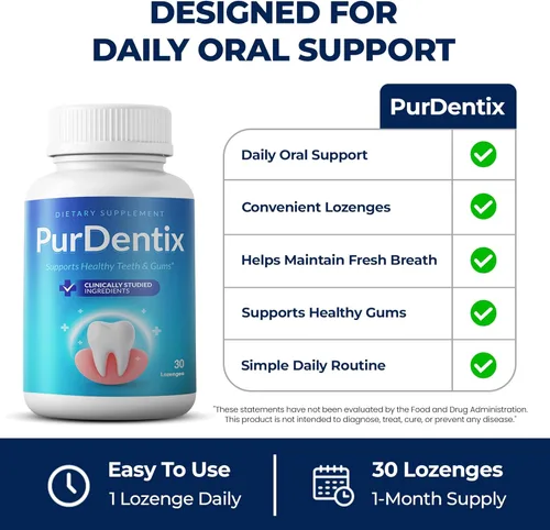 Miniatura 4 de PurDentix Probiótico para la salud oral, fórmula de 4 cepas para encías, dientes y aliento fresco saludables, 30 tabletas masticables