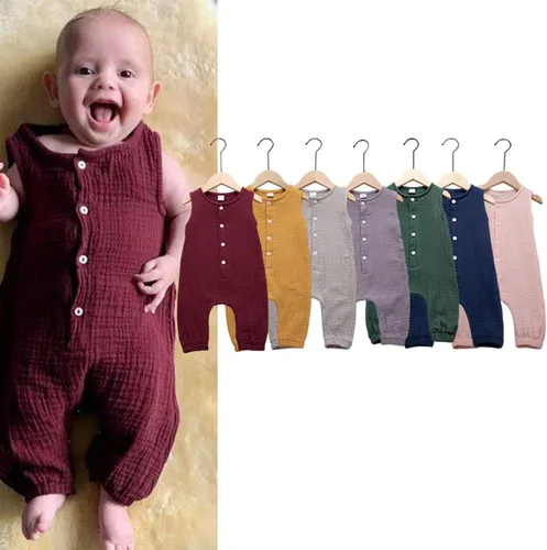 Miniatura 7 de Jumper de algodón y lino sin mangas con volantes para bebé. Ropa de verano.