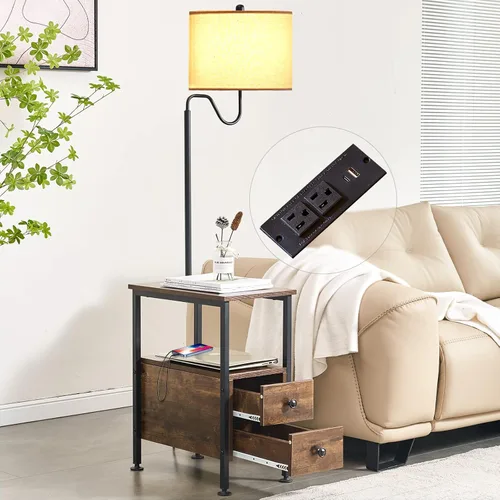 Dungoo Lámpara de pie de 59 pulgadas con mesa, mesa auxiliar estrecha con lámpara conectada con puertos USB y tipo C y 2 tomacorrientes, mesa