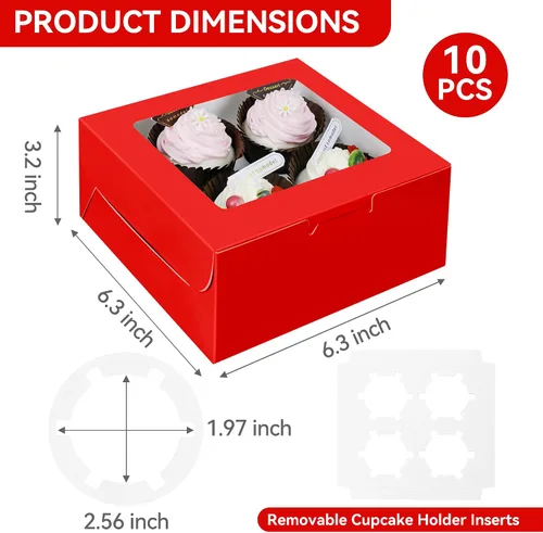 Miniatura 2 de Juego de 10 cajas para cupcakes a granel con ventana transparente para 4 cupcakes estándar, contenedor desechable de grado alimenticio rojo