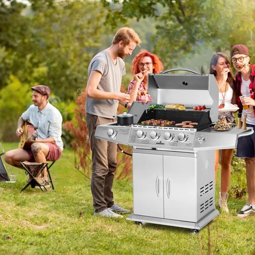 Miniatura 8 de Polar Aurora Parrilla de gas propano 4 quemadores con quemador lateral, carrito de parrilla de acero inoxidable con ruedas para patio al aire libre