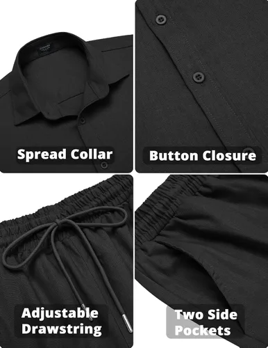 Miniatura 4 de COOFANDY Conjunto de 2 piezas de lino para hombre, camisa de manga larga con botones y pantalones sueltos, conjuntos de vacaciones en la playa