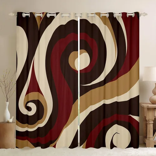 Miniatura 17 de Cortina de ventana de rayas rojas y negras, cortinas abstractas con ondas circulares, cortinas geométricas para tratamiento de ventanas para niños