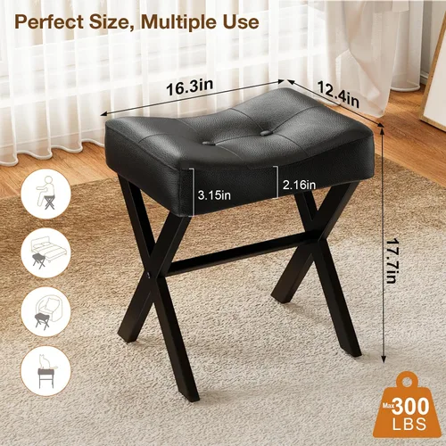 Miniatura 2 de Memobarco Taburete de tocador de cuero de 18 pulgadas, banco de tocador con patas en X de metal, taburete otomano con asiento acolchado grueso
